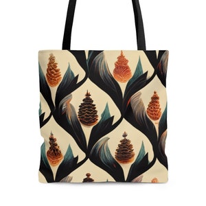 Pinecone Outdoor Pattern  - Tote Bag, AI, Black Handle, Artificial Intelligence Design, Aesthetic, Nature Forest Art, Pine Cone Art