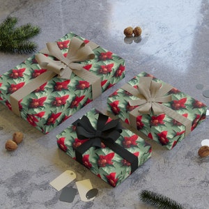 Poinsettias Wrapping Paper, Green, Red, Holiday, Christmas Time, Presents