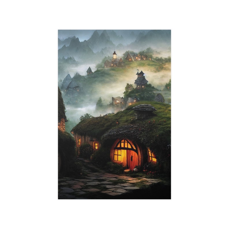 May include: A canvas print depicting a whimsical village nestled in a misty mountain landscape. The artwork features cozy, round-doored homes with glowing windows, evoking a sense of warmth and fantasy. The color palette includes greens, browns, and warm yellows.