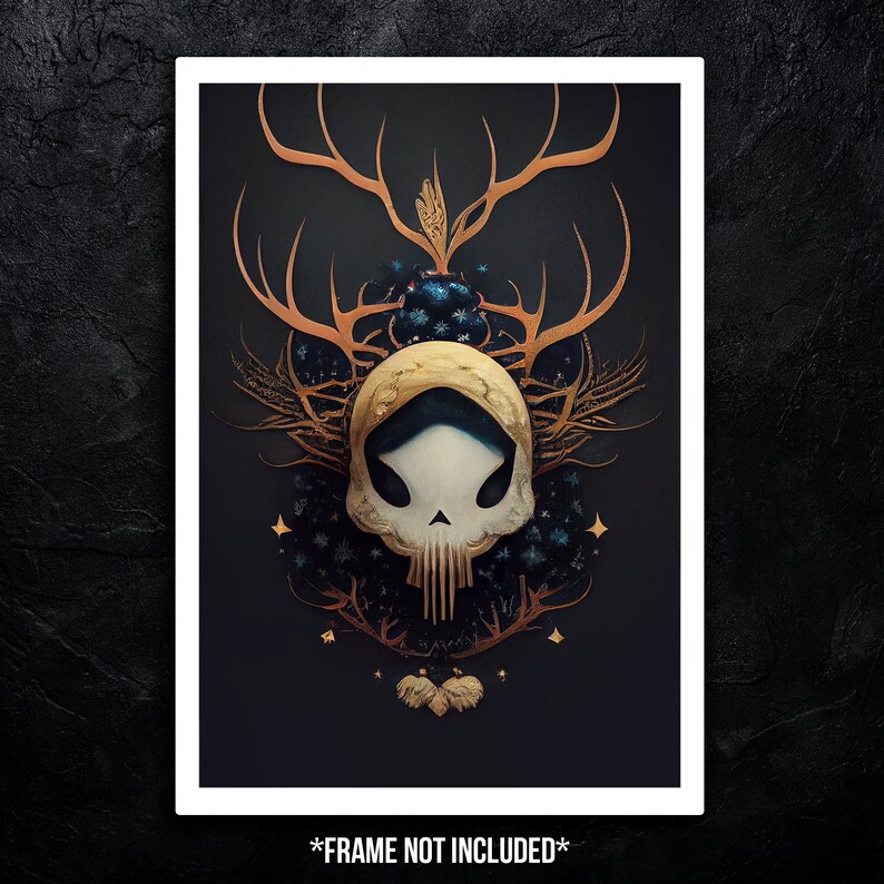 High quality poster depicting a tarot style oracle skull with antlers.