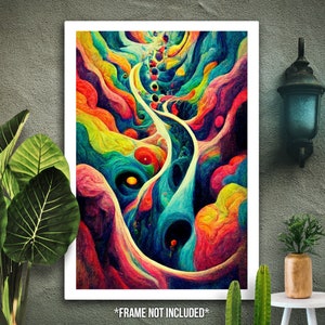 May include: Abstract painting with a swirling, psychedelic design in shades of blue, green, yellow, red, and pink. The painting features a central path that winds through the colorful shapes.