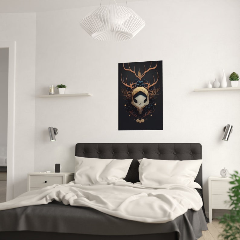 May include: A black and gold skull with antlers and floral accents on a dark background. The skull is surrounded by a wreath of leaves and berries.