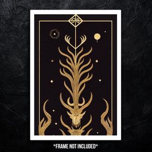 High quality poster depicting a black and gold accented abstract head with horns growing vertically from head.
