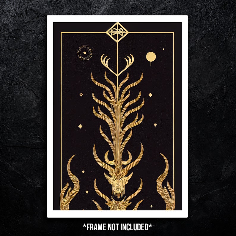 High quality poster depicting a black and gold accented abstract head with horns growing vertically from head.