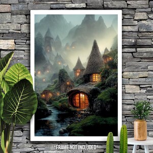 High quality poster depicting a mountain side foothill hobbit style themed village.