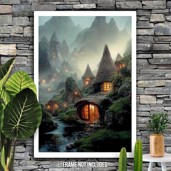 Hobbit Hill Afternoon Tea - Satin Posters (300/210gsm) Inspired Artwork Small Earth Covered Homes Archival Poster Art Wall Decor, AI Design