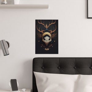 May include: A digital illustration of a skull with a golden crown and antlers on a dark background. The skull is surrounded by a wreath of leaves and berries.