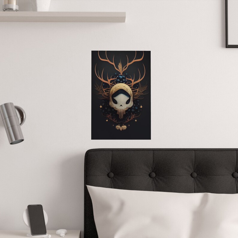 May include: A digital illustration of a skull with a golden crown and antlers on a dark background. The skull is surrounded by a wreath of leaves and berries.