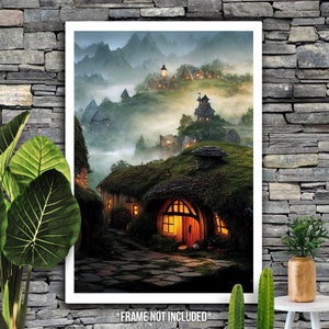 High quality poster depicting a village of hobbit hole houses on the foggy hills near a mountain.