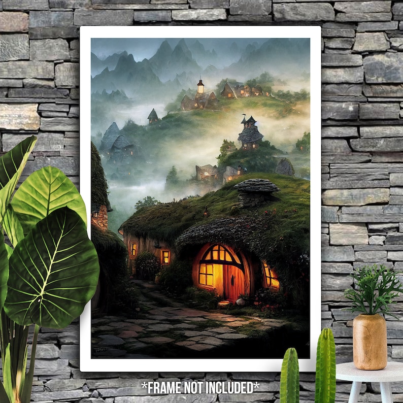 High quality poster depicting a village of hobbit hole houses on the foggy hills near a mountain.
