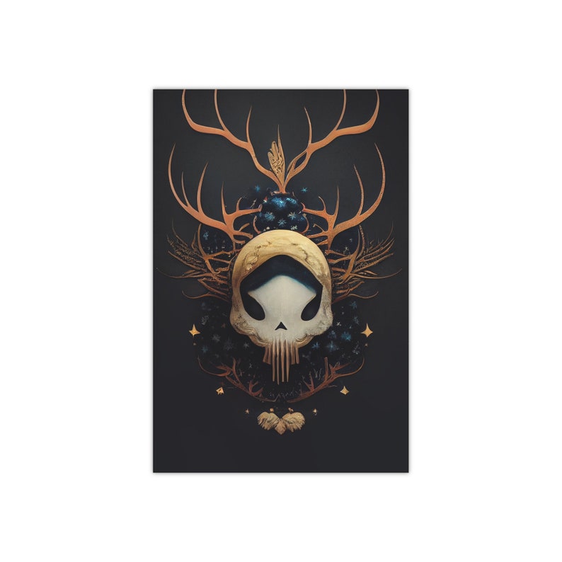 May include: A digital illustration of a white skull with a golden crown of antlers and a dark blue background. The skull has a hooded face and is surrounded by golden leaves and stars.