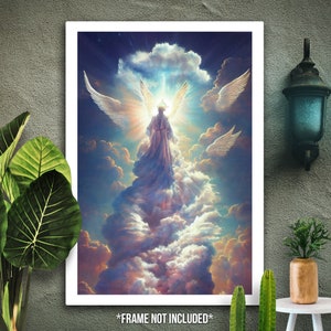 Puede incluir: Una pintura de un ángel ascendiendo al cielo, rodeado de nubes. El ángel lleva una túnica blanca y tiene alas. El fondo es un cielo azul brillante con nubes blancas.