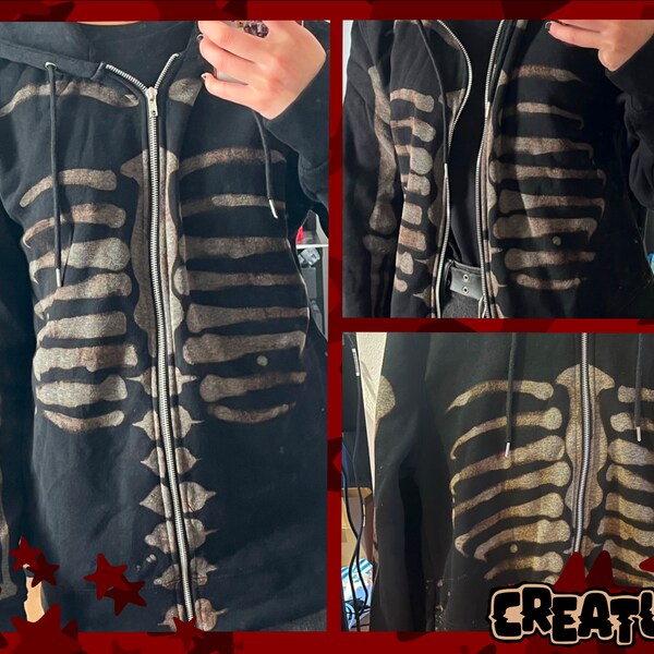 Handgebleichter Skeleton Hoodie - Reißverschluss im Unisex-Stil