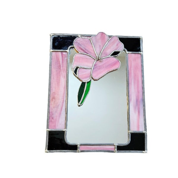 Vintage Stained Glass Pink Flower Floral Hanging Wall Mirror