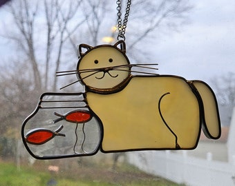 Vintage Cat w/ Fish Bowl Stained Glass Suncatcher