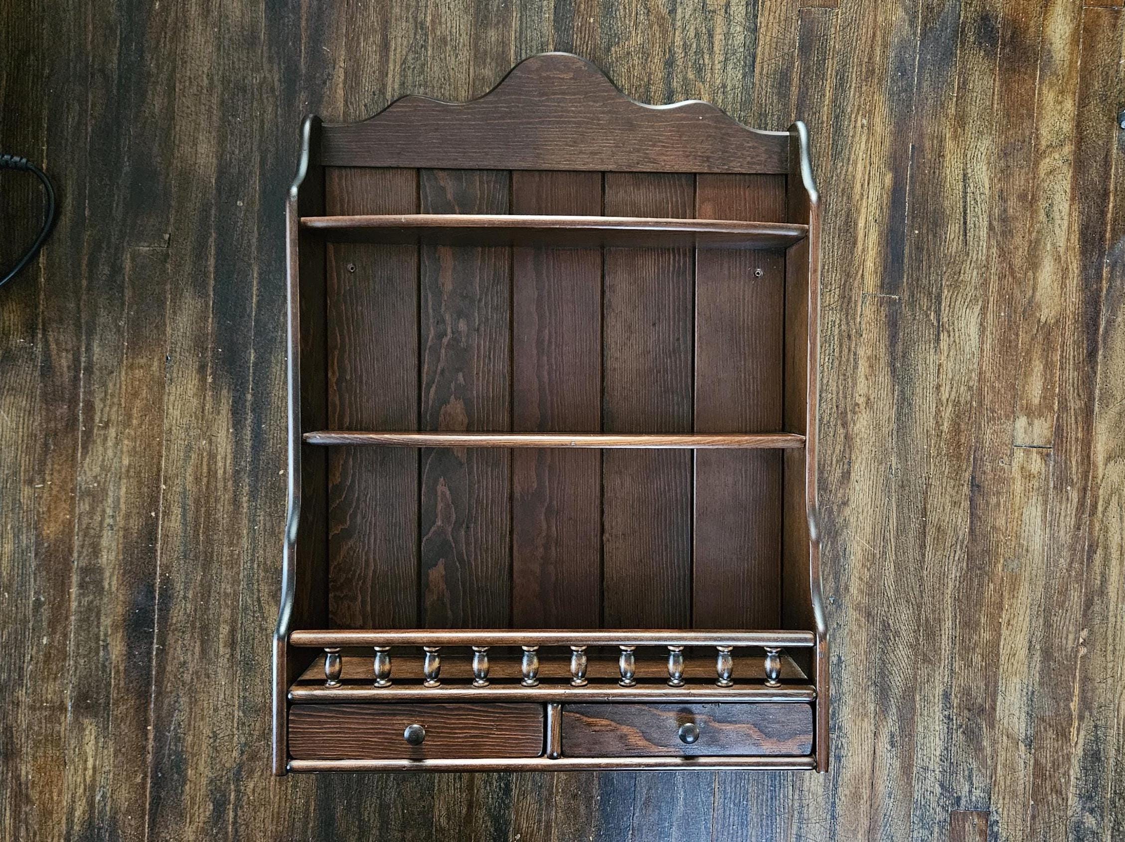 Vintage Hanging Wood Curio Knick Knack Shelf With Drawers
