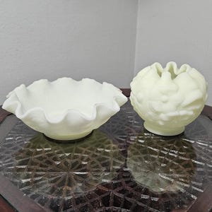 Fenton Custard Uranium Bowl Satin Glass Ruffled Vase Set