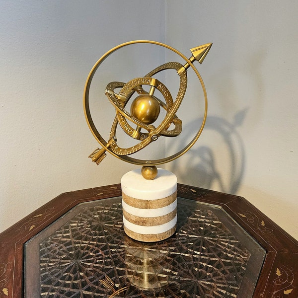 Vintage Armillary Globe Sphere Celestrial Astrology Marble Brass Office Desk Decor