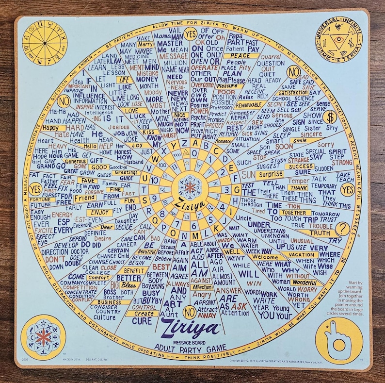 May include: A vintage Ziriya adult party game board with a pale blue background. The board has a circular design with various words and phrases, including "Yes," "No," and "Ziriya." The game encourages positive thinking.