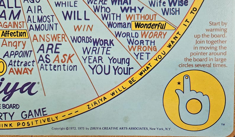 May include: A vintage Ziriya party game board with a light blue background and a yellow border. The board features words like "Affection," "Answer," and "Wonderful." A hand with a pointing finger is in a yellow circle.