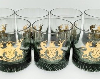 Vintage Clan Gregor Whiskey Scotch Glasses MCM Gold Shield Golf Set of 7