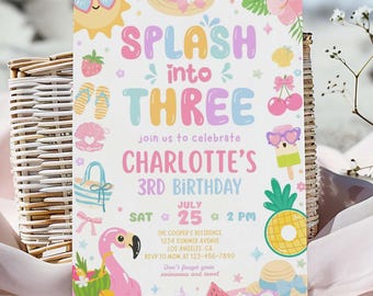 Editable Splash Into Three 3rd Birthday Invitation, Splish Splash Girly Pool Party Summer Invitation