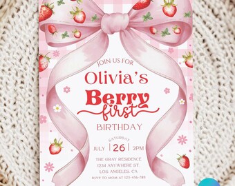 Berry First Birthday Invitation, Strawberry Birthday Invitation Template, Coquette Pink Bow Birthday Invitation, Berry 1st Birthday Invite