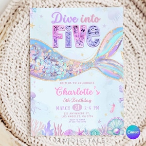 Dive Into Five Mermaid Birthday Invitation, 5th Birthday Under the Sea Party Template, Editable Mermaid Invite