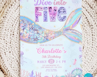 Dive Into Five Mermaid Birthday Invitation, 5th Birthday Under the Sea Party Template, Editable Mermaid Invite
