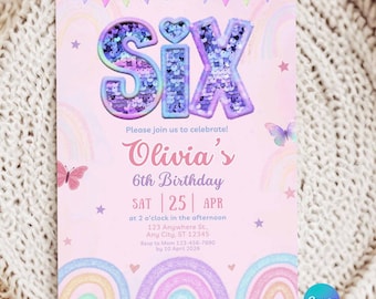 6th Birthday Invitation Template, 6th Rainbow Sequin Birthday, Sixth Glitter Birthday Invitation