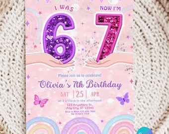 6 7 Rainbow Birthday Invite, 7th Girl Birthday, I was 6 Now I'm 7 Sequin Invite