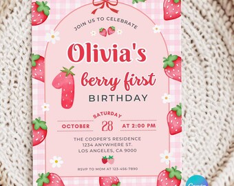 Berry First Birthday Invitation, Editable 1st Birthday Girl Invite, Pink Strawberry Birthday Invite Template
