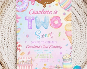 Two Sweet Birthday Invitation, 2nd Birthday Girl Pastel Invite, Candy Donut Editable Canva Template