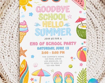 End of School Party Invitation, Summer Celebration Invite, Editable Canva Template (Digital Download)
