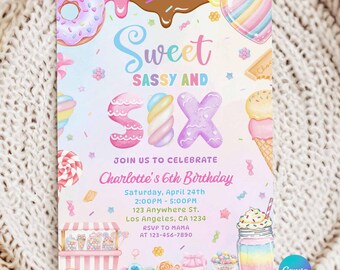 Sweet Sassy Six Birthday Invitation, Pastel Candy Party Invite (Canva Template)
