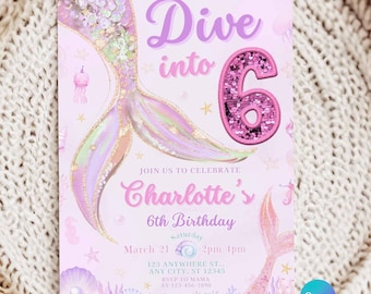 Dive Into Six Mermaid 6th Birthday Invitation, Under the Sea Party Template, Pastel Pink Invite
