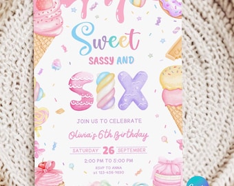 Sweet Sassy and Six Birthday Invitation, Girl 6th Birthday Invite, Pastel Dessert Donut Candy
