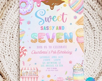 Sweet Sassy and Seven Birthday Invitation, Girl 7th Birthday Invite, Pastel Dessert Donut Candy