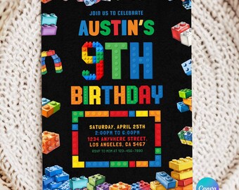 Editable Building Blocks Ninth Birthday Invite, 9th Birthday Boy Invite, Blocks Birthday Template