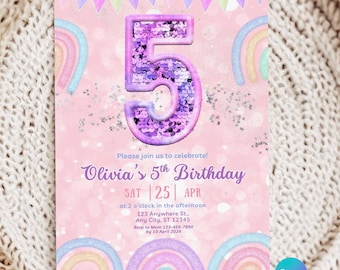 5th Birthday Girl Invitation, 5th Rainbow Sequin Birthday, Fifth Glitter Birthday Invite Template
