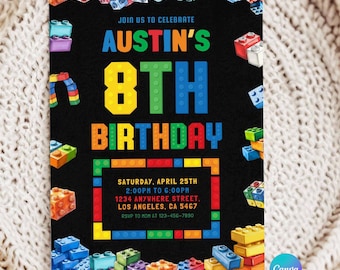Building Blocks 8th Birthday Invitation, Editable Boy Party Template (Digital Download)