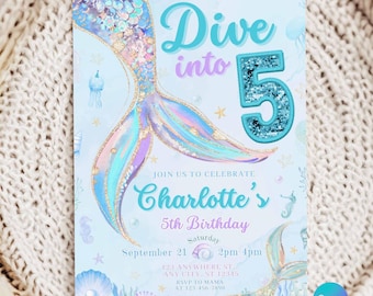 Dive Into Five Mermaid 5th Birthday Invitation, Under the Sea Party Template
