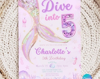 Dive Into Five Mermaid Birthday Invitation, Under the Sea 5th Birthday Party Template, Editable Sequin Invite