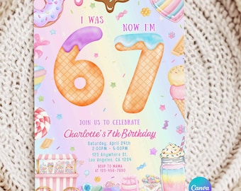 Pastel Rainbow Dessert 7th Birthday Invitation Template (Digital Download)