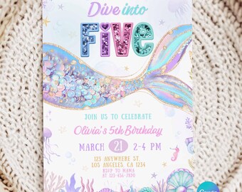 Dive Into Five Mermaid Birthday Invitation, 5th Birthday Under the Sea Party Template, Editable Mermaid Sequin Invite