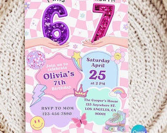 Editable 6 7 Birthday Invitation, I Was Six Now I'm Seven Preppy Girl Invite, Pink Retro Groovy