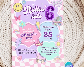 Retro Roller Skate 6th Birthday Invitation Template, Preppy Party Invite (Digital Download)