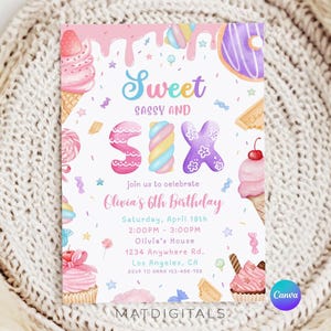 Sweet Sassy and Six Birthday Invitation, Girl 6th Birthday Invitation, Candy Sweets Donut Invite, Sweet Six Birthday Invitation