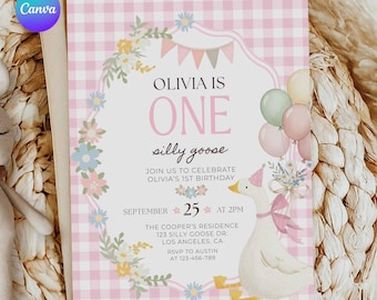One Silly Goose Birthday Invite, Editable Pink Gingham First Birthday Invitation, Farm Animal Party