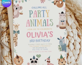 Calling All Party Animals Invitation, Editable Animals in Party Hats, Jungle Safari Birthday Template